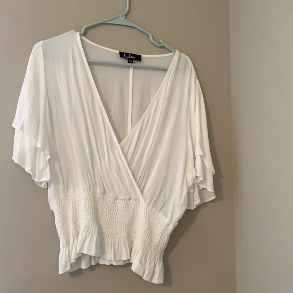 White V-neck with cinched waist